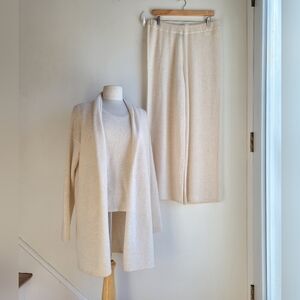 NWT 100% Cashmere TAHARI 3 Piece Lounge Set Cardigan Top Pants Cream M L